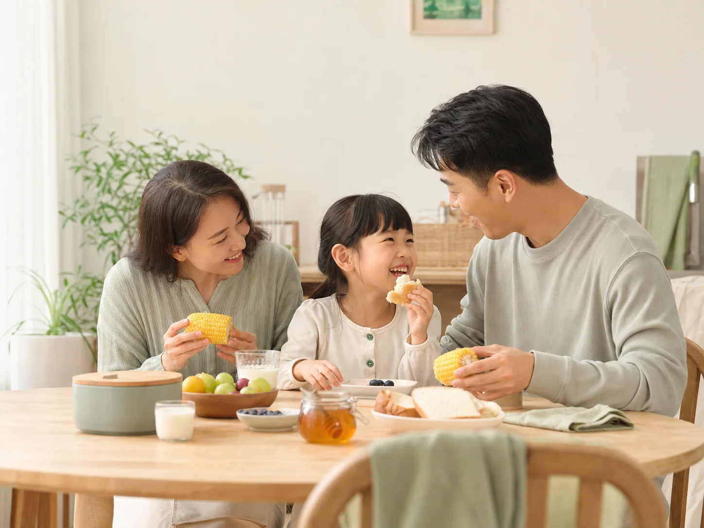 父母和孩子在家共享温馨早餐