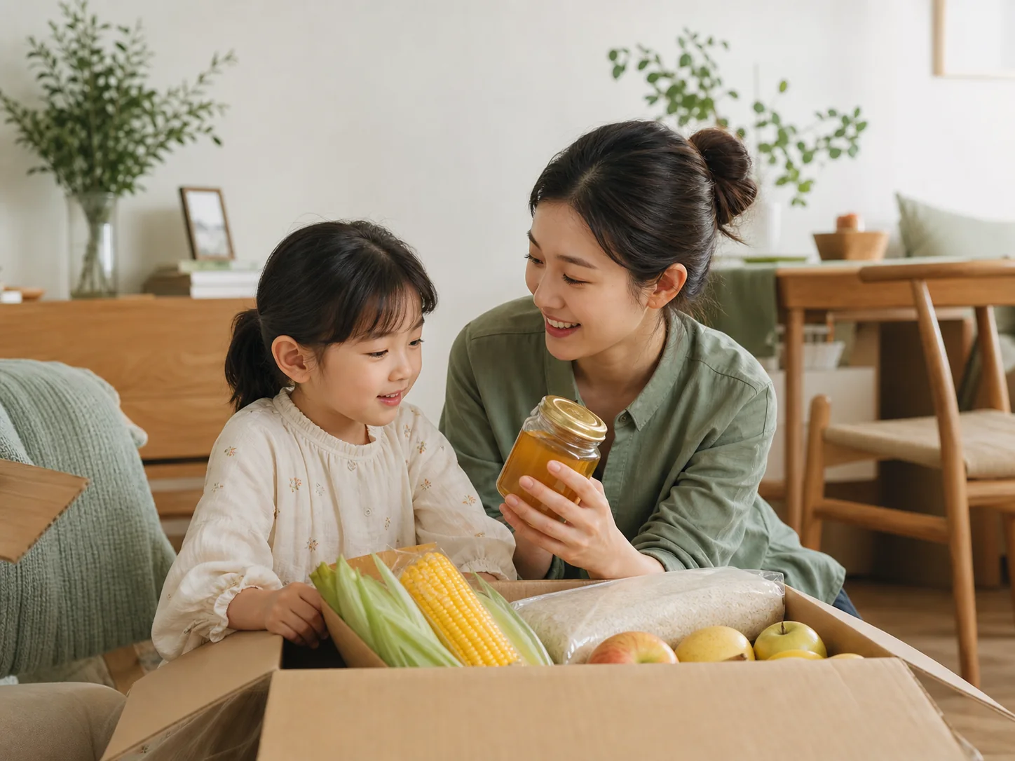 妈妈和孩子一起查看送到家的日常好物